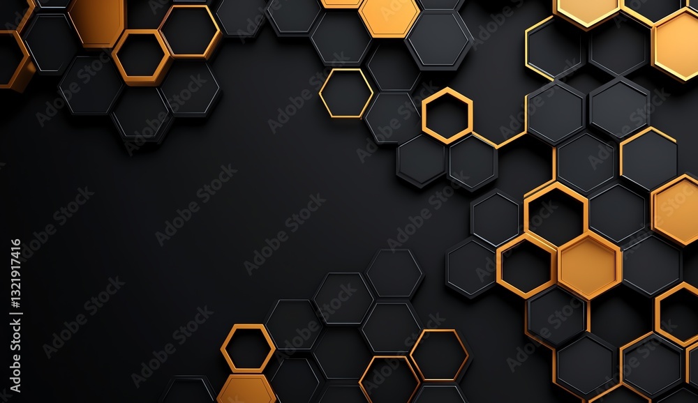 Poster a modern abstract background featuring a pattern of hexagons in black and gold tones, creating a sle