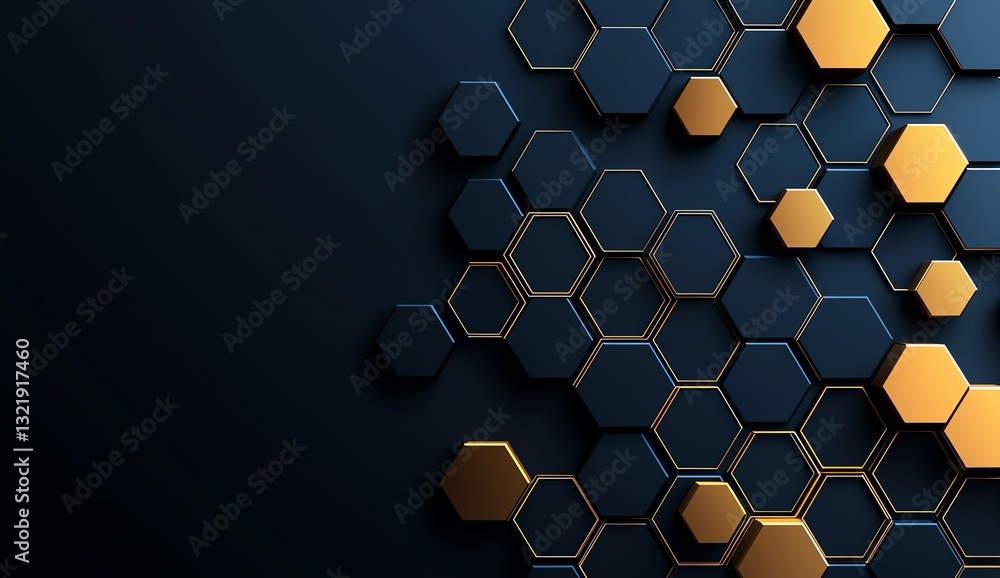 Poster a visually striking abstract background featuring black and gold hexagonal patterns. ideal for techn