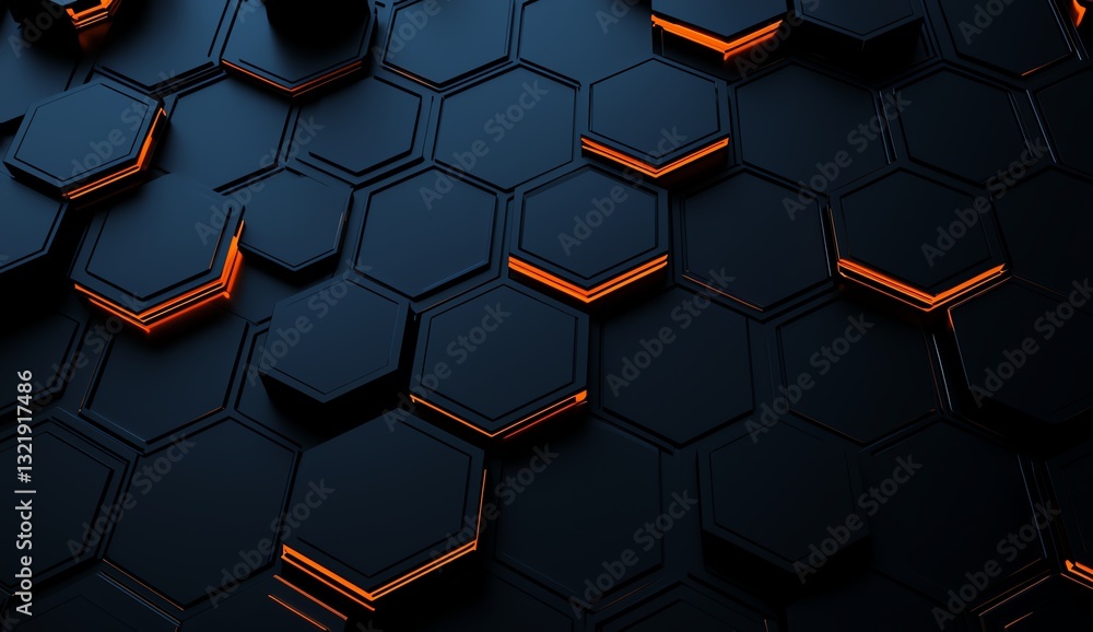Poster a modern digital background featuring a hexagonal pattern with illuminated orange edges on a dark su