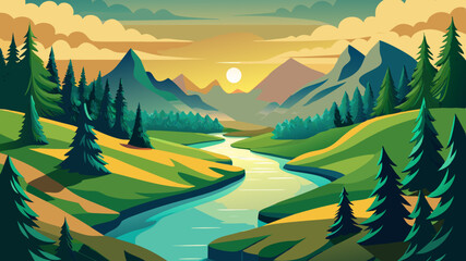 peaceful river winding through a dense green forest, reflecting the golden hues of sunrise.