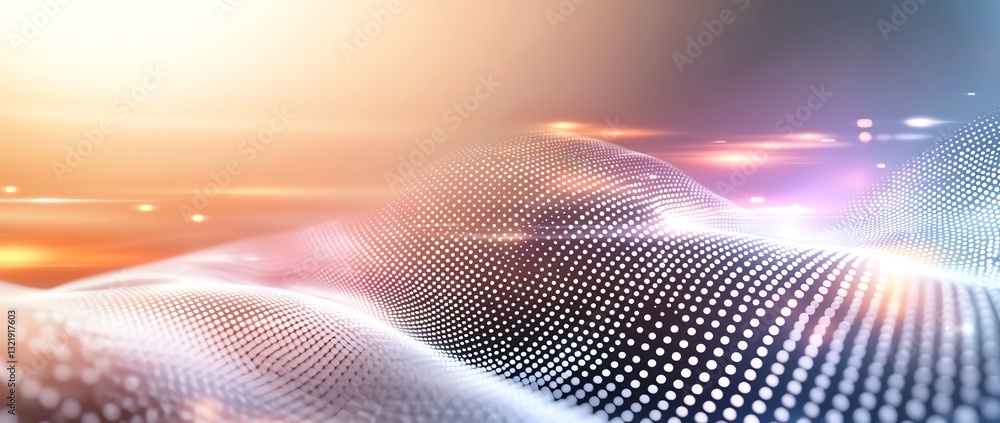Poster an abstract digital landscape with glowing lights and dotted patterns, creating a futuristic and tec