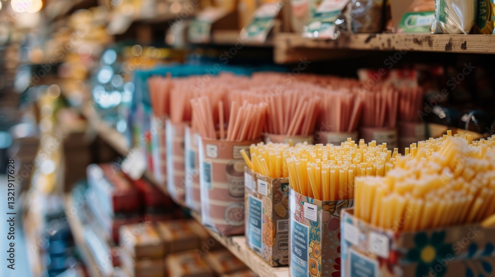 Poster brightly colored pasta shapes and varieties are neatly arranged in containers on wooden shelves insi