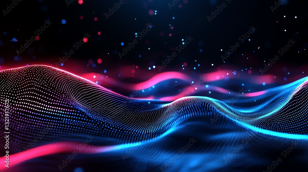 Poster a vibrant digital wave of pink and blue light particles flows gracefully against a dark background, 