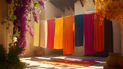 Colorful Fabrics Drying in a Sun Drenched Courtyard
