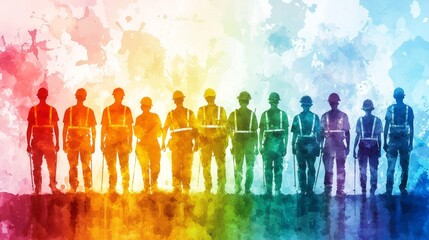 Diverse construction team, painted in vibrant colors, standing together united