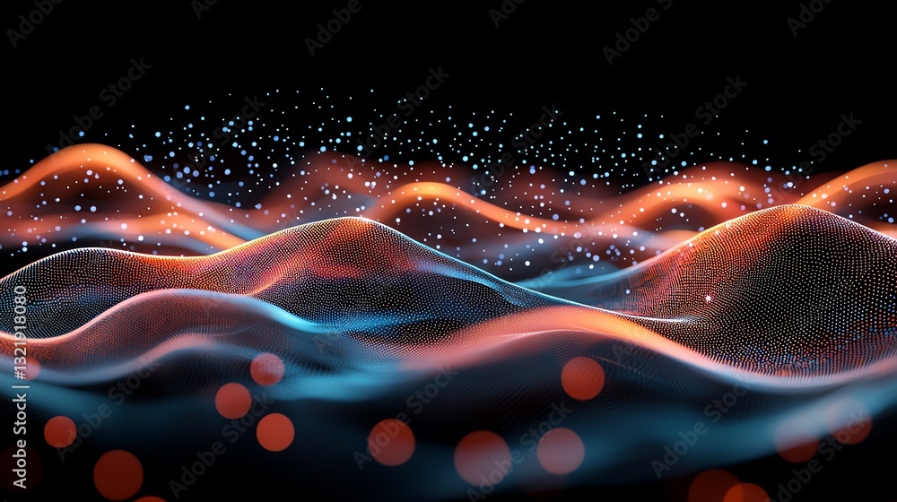 Poster an abstract representation of waves with vibrant colors and glowing particles, creating a dynamic vi