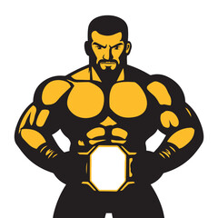 Muscular Fighter Holding Championship Belt – Bold Yellow and Black Vector Illustration