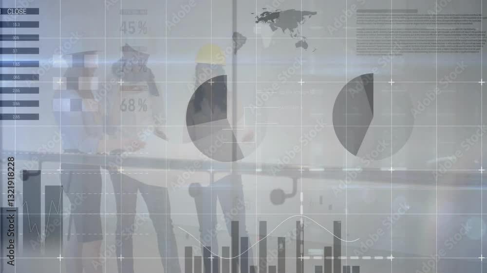 Poster business professionals discussing data charts and graphs overlaying animation in office