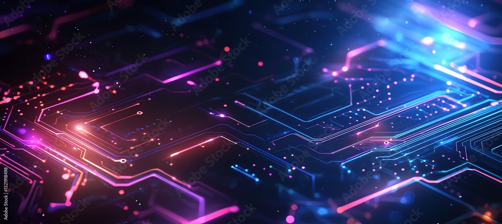 Poster a vibrant and dynamic abstract technology background showcasing intricate circuitry illuminated with