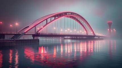 Naklejka premium Modern Bridge at Night with Colorful Lights and Reflections