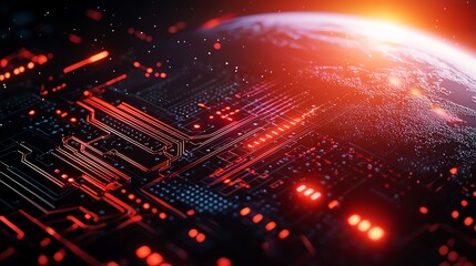 Fototapeta premium A stunning digital illustration showcasing a close-up view of a circuit board with glowing elements against a backdrop of the Earth, symbolizing advanced technology and innovation.