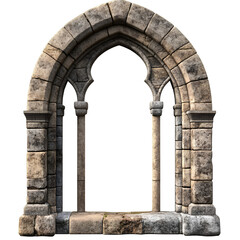 A medieval stone archway with an arched window, transparent background PNG