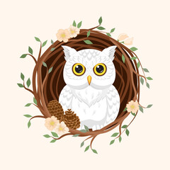 A Snowy White Owl in its nest. White Owl with flowers vine. Cream background
