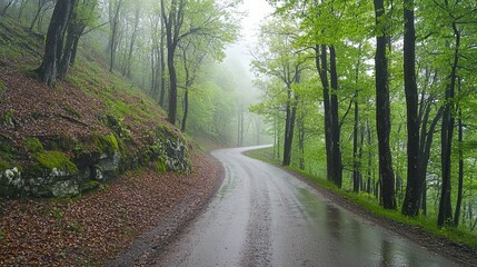 Obraz premium Foggy forest road on a rainy spring day A scenic curved mountain roadway surrounded by green foliage mist and an overcast sky A summer landscape featuring an empty asphalt road through