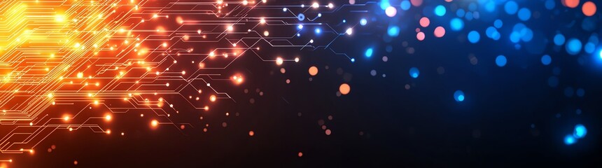 Fototapeta premium Dynamic abstract background featuring vibrant orange and blue light patterns, symbolizing energy and digital innovation. Perfect for tech presentations and modern designs.