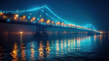 Illuminated Bridge Over Water at Night with City Lights Reflection