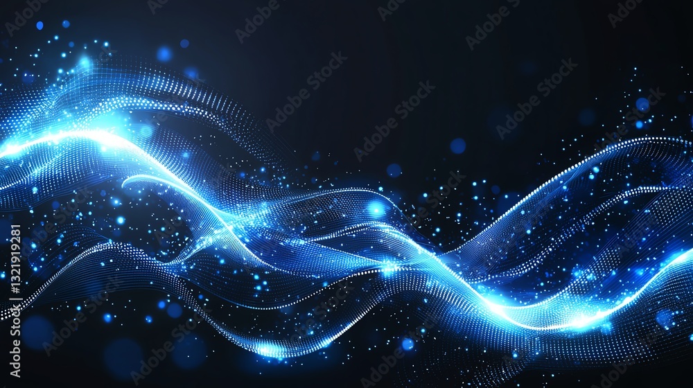 Poster a mesmerizing abstract design featuring glowing blue waves of light and sparkling particles. ideal f