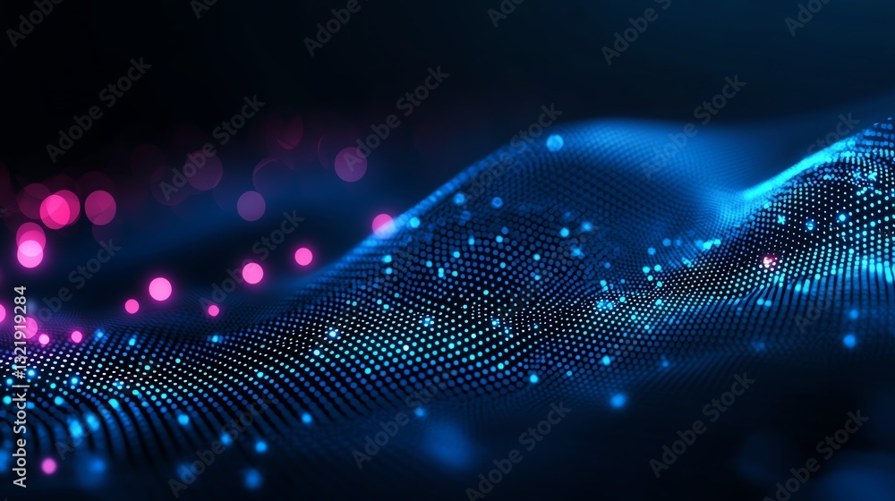 Poster a captivating abstract representation of digital waves, showcasing intricate patterns of light in bl