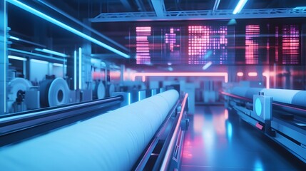 Fototapeta premium Futuristic Factory Interior with Neon Lighting and Data Screens