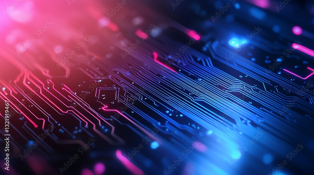 Poster abstract circuit board design with vibrant colors and intricate patterns. a visual representation of