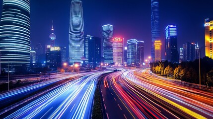 Fototapeta premium Light trails captured against the backdrop of a modern building in Shanghai China