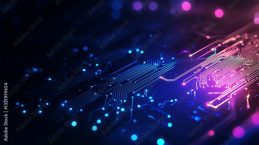 Poster a vivid close-up of a circuit board, illuminated with a blend of blue and pink lights, showcasing in