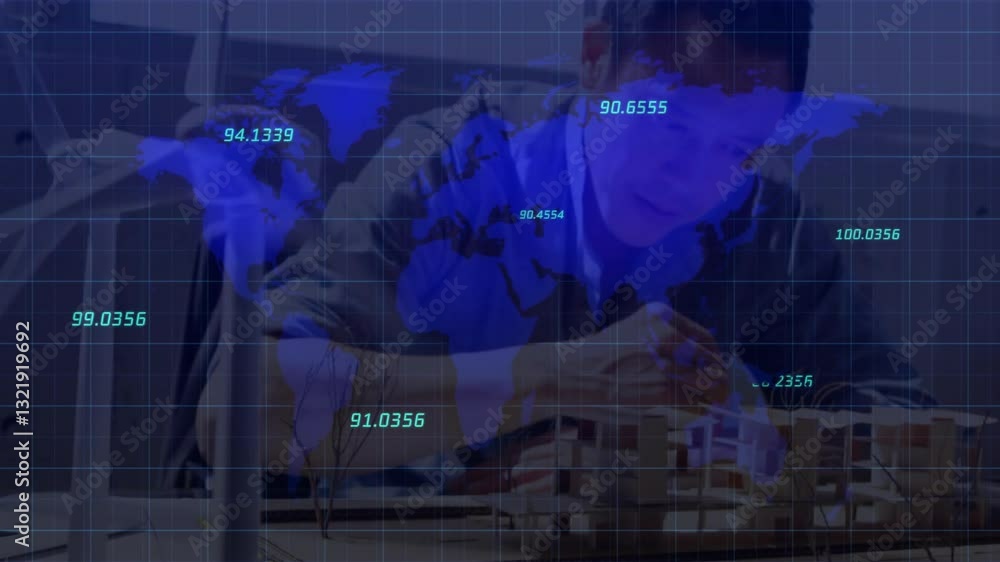 Poster person working on architectural model with world map and data overlay animation