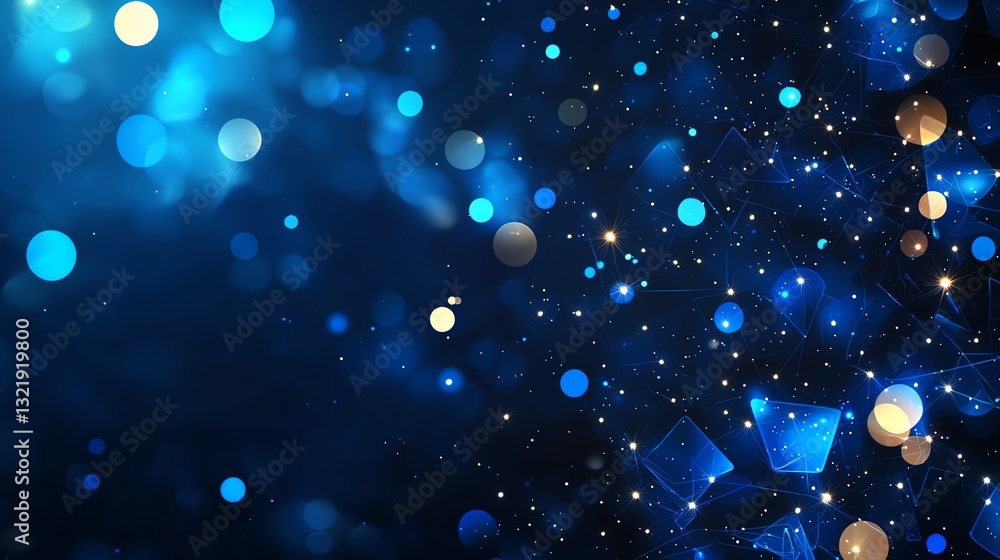 Poster a captivating background featuring vibrant blue and golden particles, creating a sense of depth and 