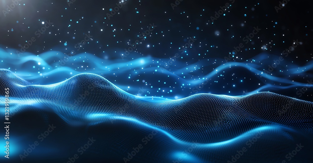 Poster a mesmerizing abstract ocean scene featuring smooth, flowing waves illuminated by soft blue light, c