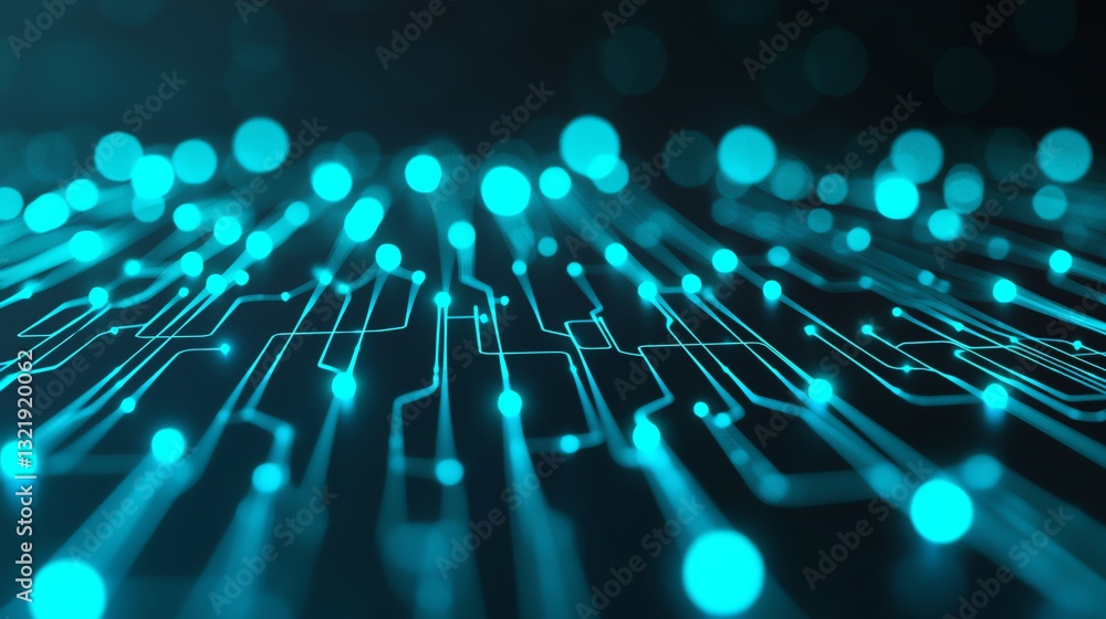 Poster a close-up view of a circuit board illuminated with bright blue lines and nodes, symbolizing advance