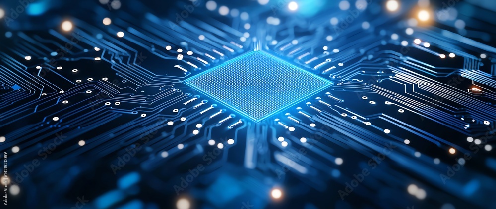 Aufkleber close-up view of a modern microchip with intricate circuitry. the blue tones and glowing elements hi