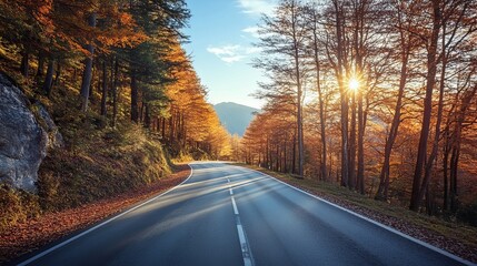 Fototapeta premium Mountain road in an autumn forest at sunset in Italy A scenic asphalt roadway lined with orange foliage sunlight a blue sky and high rocks Fall landscape featuring an empty highway