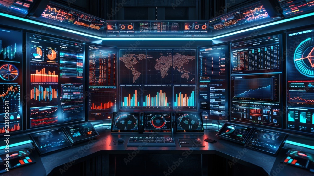 Leinwandbilder A control room filled with multiple screens showcasing various data visualizations, world maps, and financial charts, illuminated by blue and orange lights during nighttime.