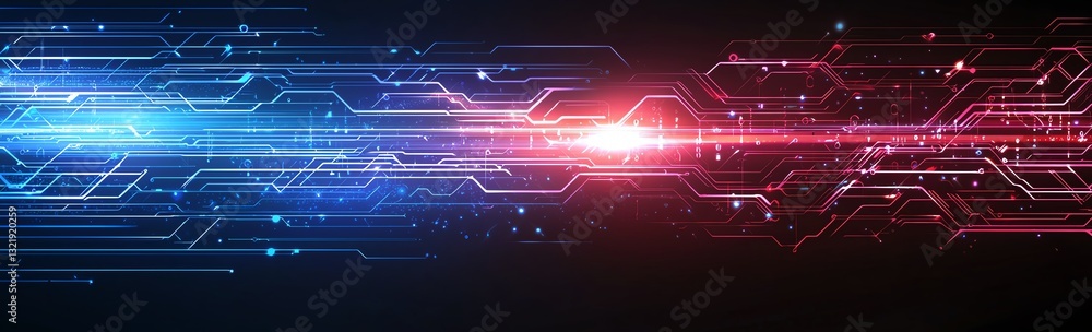 Poster a vibrant digital background featuring dynamic lines of blue and red light, representing high-speed 