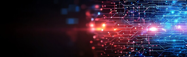Obraz premium A futuristic digital landscape depicting vibrant blue and red light trails interwoven with circuit patterns, symbolizing the advancements in technology and digital connections.