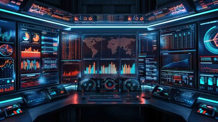 A control room filled with multiple screens showcasing various data visualizations, world maps, and financial charts, illuminated by blue and orange lights during nighttime.