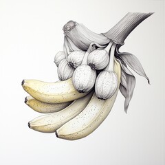 Pen and Ink Drawing of Bananas and Round Fruits on Branch