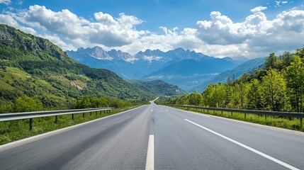 Fototapeta premium Mountain road under a sunny summer sky in the Dolomites Italy A beautiful roadway lined with green trees towering rocks and fluffy clouds Spring landscape with an empty highway through
