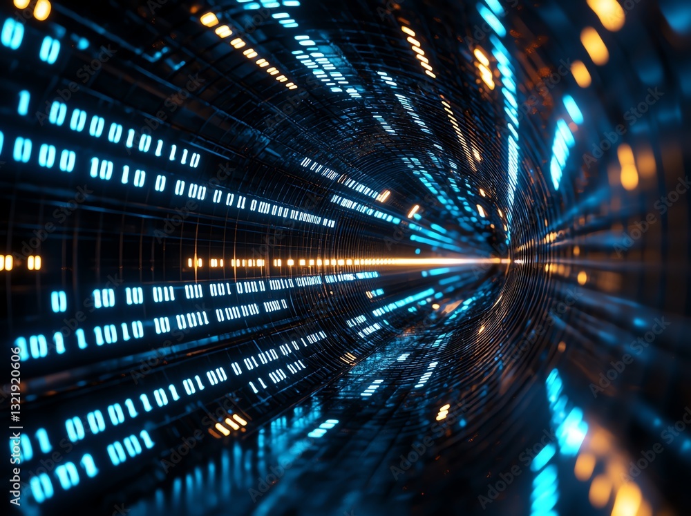 Poster this futuristic image showcases a digital tunnel of binary code, representing data flow and technolo