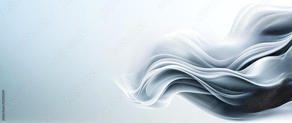 Poster this abstract image features flowing waves of soft gray and white tones, creating a sense of calm an