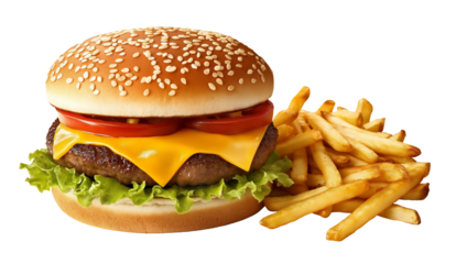 Hamburger with french fries on transparent background, cutout, PNG format.