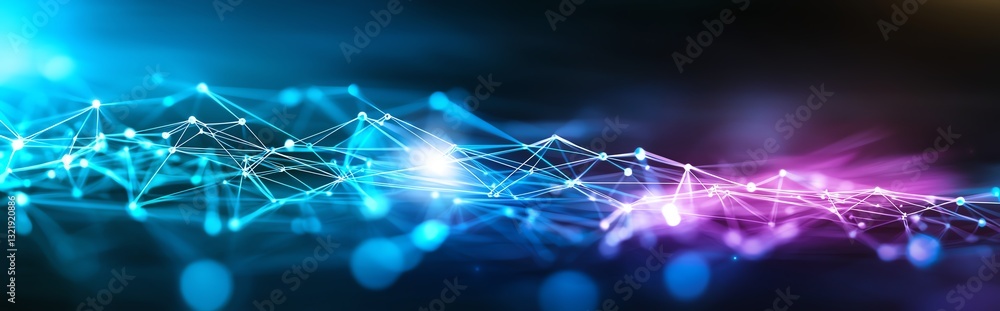Poster a vibrant digital landscape showcasing waves of interconnected light, symbolizing innovation and adv