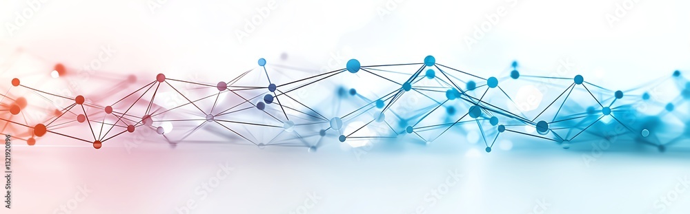 Poster an abstract digital background featuring interconnected lines and nodes in vibrant red and blue hues