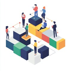 Isometric business concept of people interacting on different levels of geometric blocks, symbolizing career growth and hierarchy.