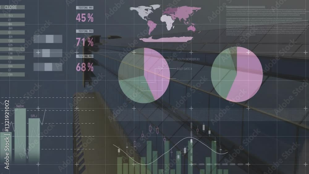 Poster animation of data analytics and global statistics on modern architectural background