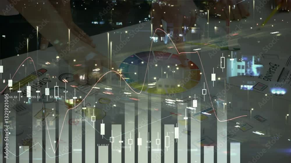 Poster working on creative project, people with financial data charts and animation graphics
