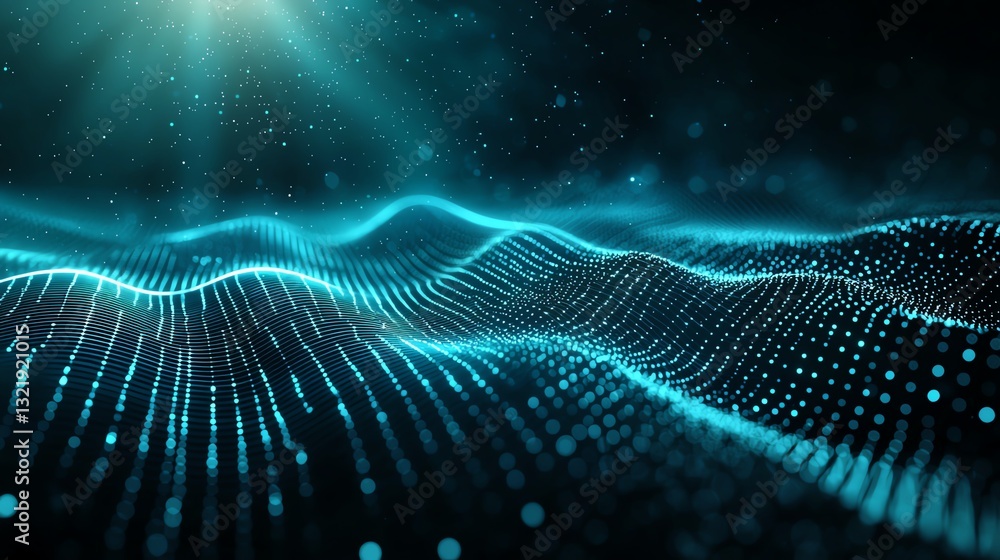 Poster a mesmerizing digital wave pattern illuminated by a radiant light source, showcasing an abstract rep
