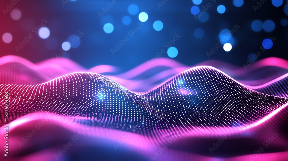 Poster a vibrant and dynamic representation of digital waves created using glowing particles, evoking feeli