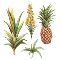 Fototapeta premium Vibrant tropical plants a pineapple and flowers a lush green paradise