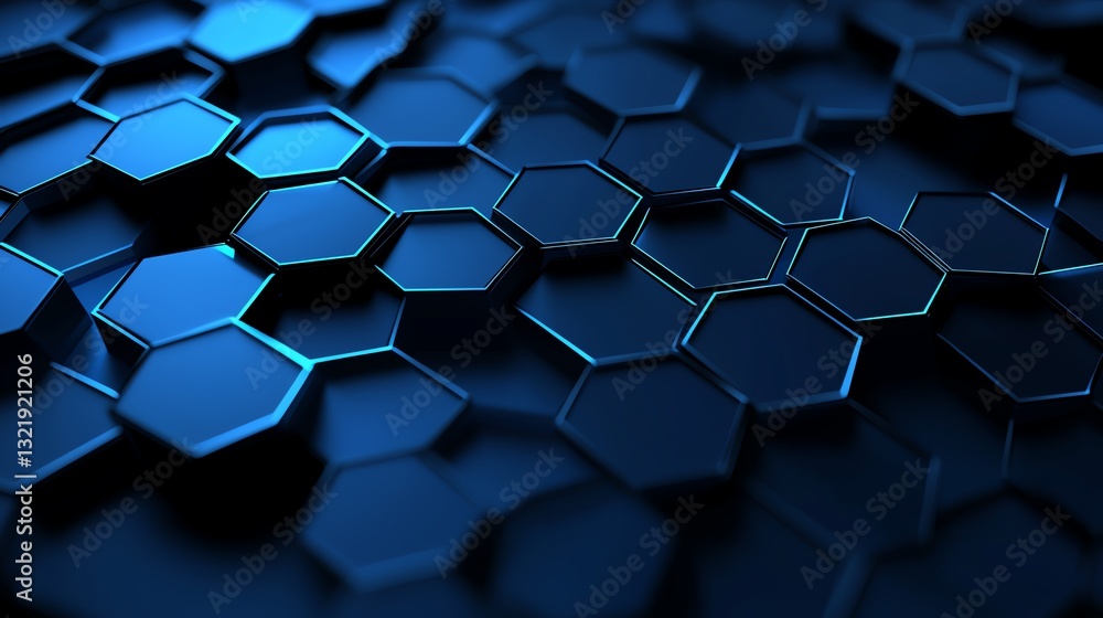 Poster a striking close-up of interconnected hexagonal patterns in deep blue tones, symbolizing modern tech